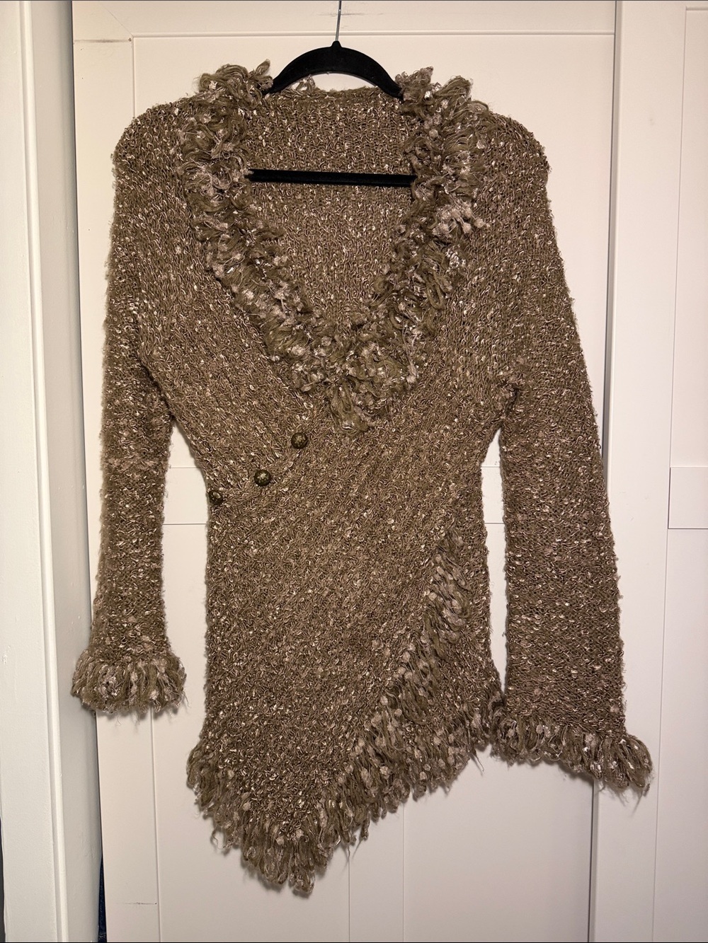 American Vintage Taupe Fringe V-Neck Knit Sweater